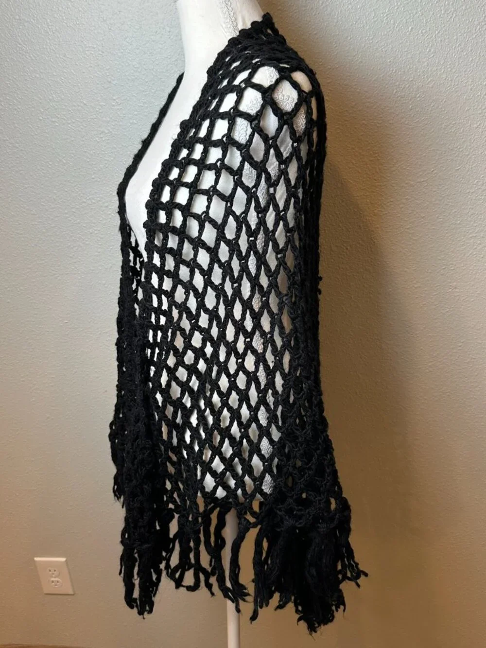Black Crochet Fringe Shawl Wrap Open Knit Mesh Boho Festival Shrug Witchy Goth